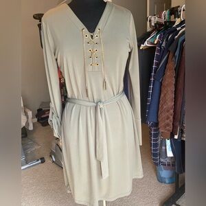 Michael Kors olive green long sleeve dress with gold chain tie, size medium